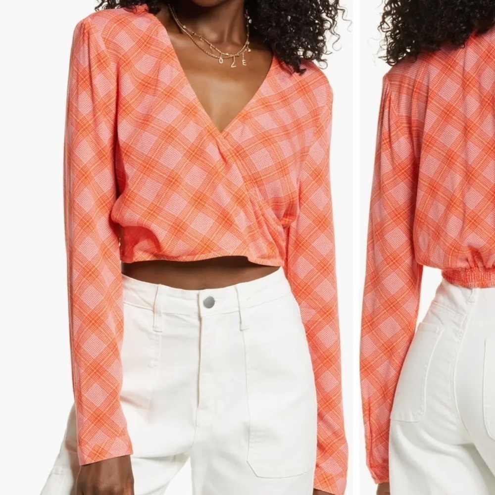 BP Surplice V-Neck wrap front plaid Long sleeve Crop Top
